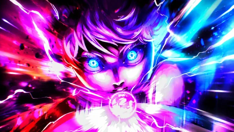 Official Defeat Anime RNG artwork showing a powered-up fighter surrounded by purple and cyan energy